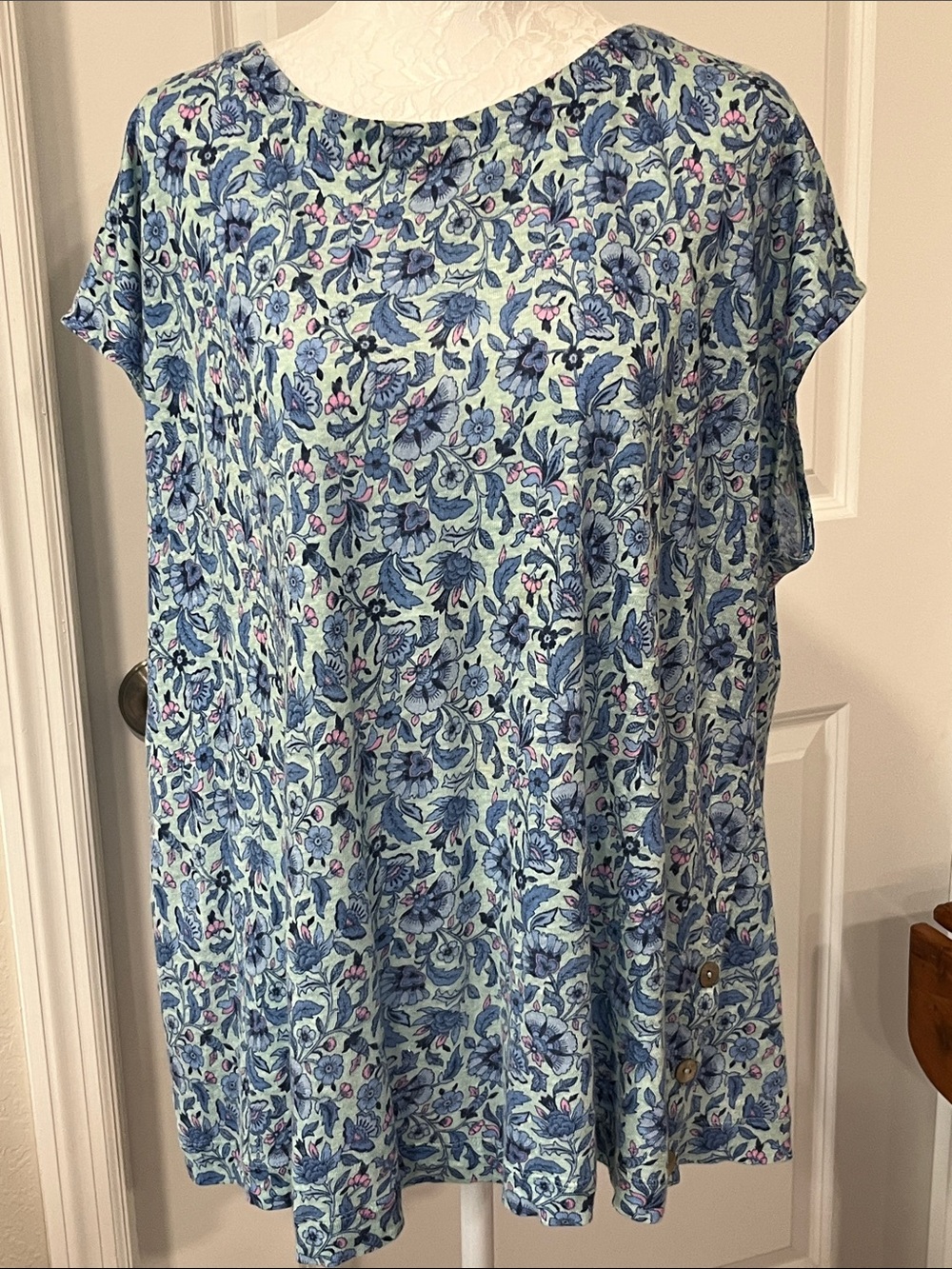 J. Jill Blue Floral Scoop Neck 100 Linen knit Lightweight Sweater NWOT SZ XL
